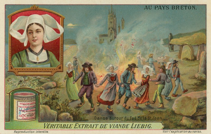 Tanz um das Feuer am Vorabend von St. Johannes (Mittsommer) (Chromolithografie) von European School