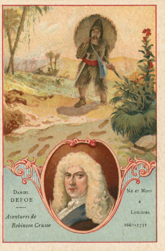 Daniel Defoe, englischer Romanautor, und eine Szene aus Robinson Crusoe von European School