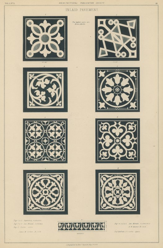 Beispiele für eingelegten Bodenbelag aus dem Baptisterium und der Kirche San Miniato al Monte, Florenz, und der Kathedrale von Lucca, Italien von European School