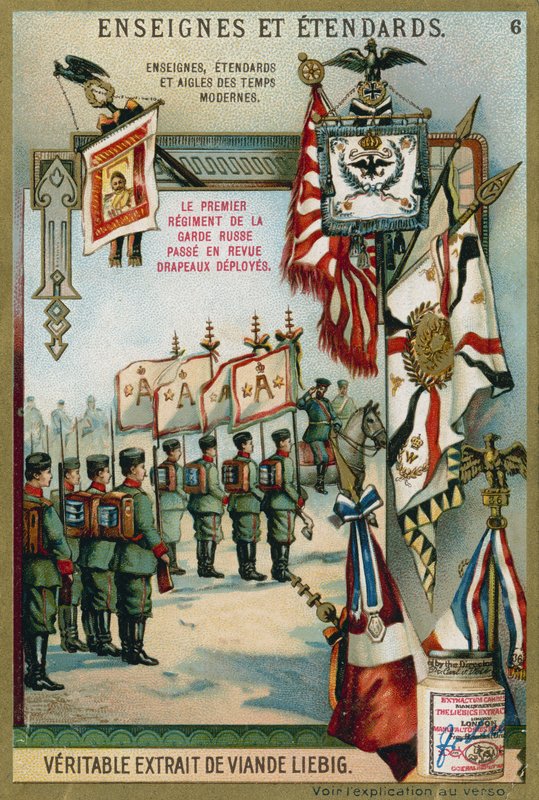 Erstes Regiment der russischen Garde wird mit entfalteten Fahnen überprüft von European School