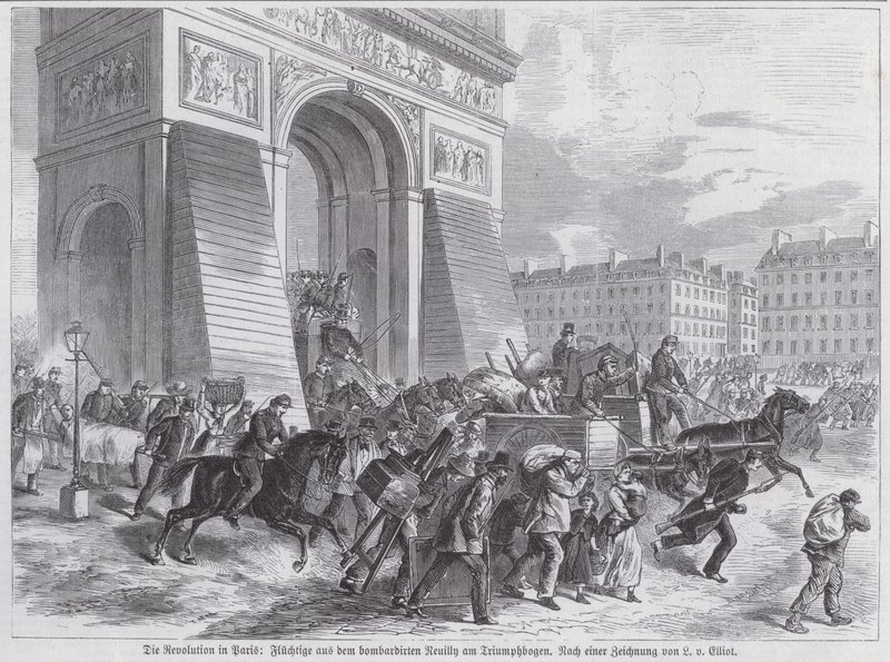 Flüchtlinge vor dem Bombardement der französischen Armee auf Neuilly passieren den Arc de Triomphe, Pariser Kommune, April 1871 von European School