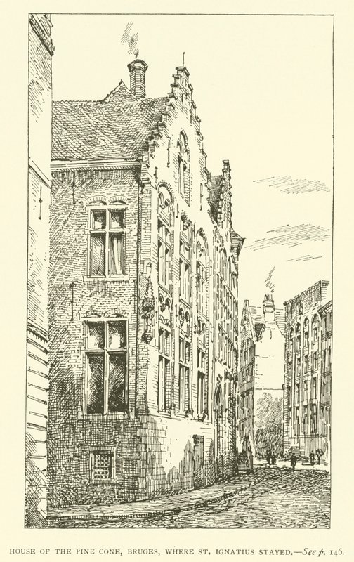 Haus der Pinienzapfen, Brügge, wo St. Ignatius übernachtete (Stich) von European School