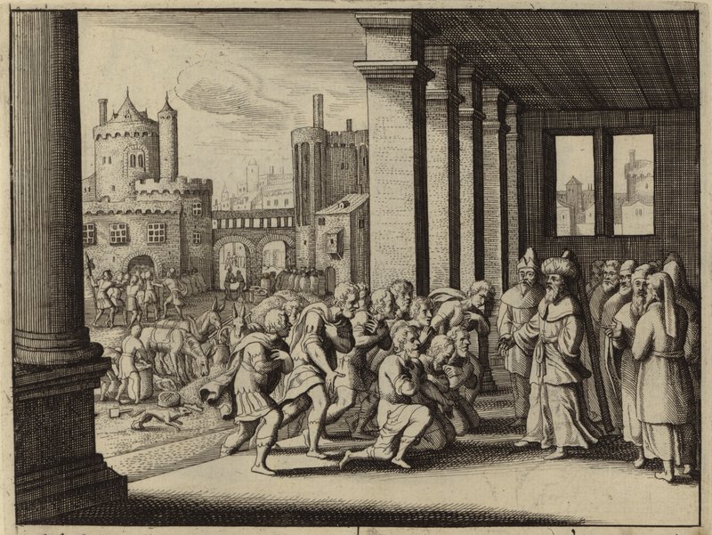 Joseph, als Großwesir von Ägypten, beschuldigt seine Halbbrüder, Spione zu sein (Gravur) von European School