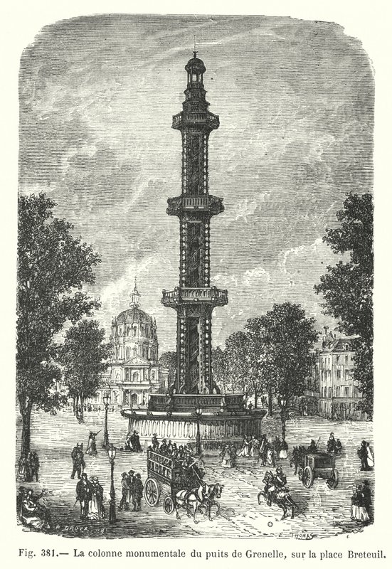 Die monumentale Säule des Brunnens von Grenelle auf dem Breteuil-Platz (Gravur) von European School