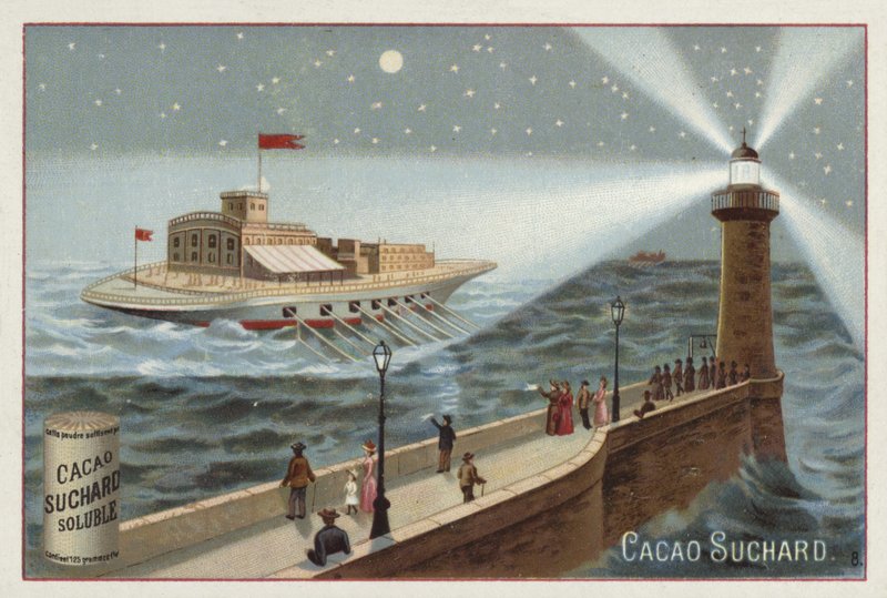 Großes Schiff mit Rudern beleuchtet von einem Leuchtturm von European School