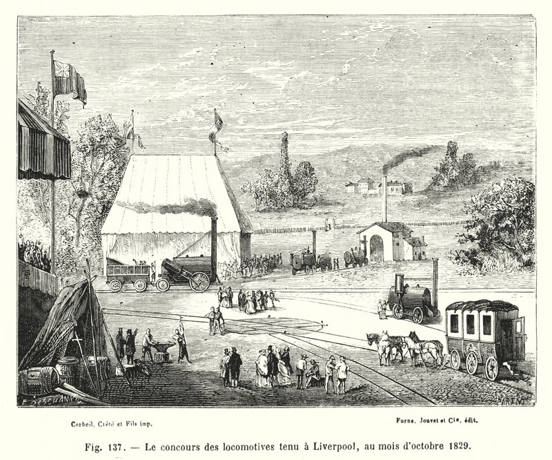 Der Lokomotivenwettbewerb in Liverpool, Oktober 1829 (Stich) von European School