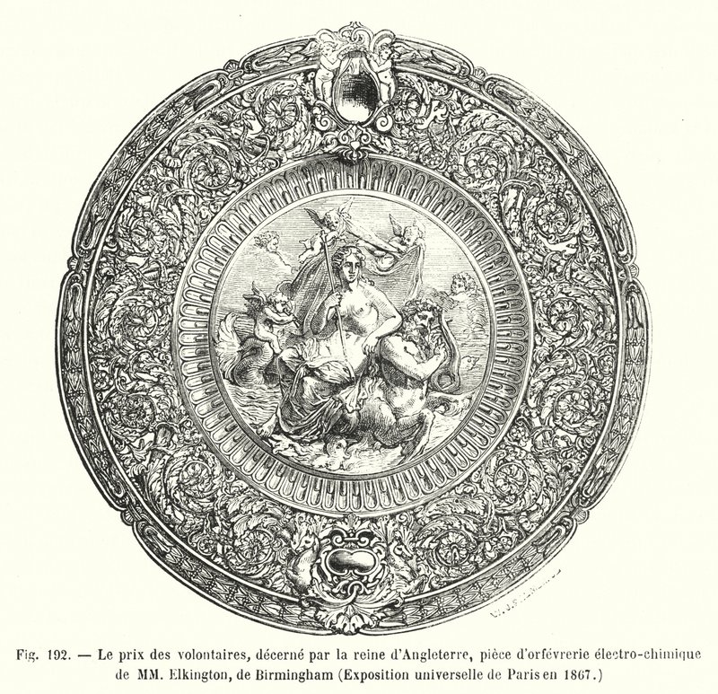 Der Preis der Freiwilligen, verliehen von der Königin von England, elektrochemisches Kunstwerk von MM Elkington, Birmingham, Weltausstellung Paris 1867 von European School