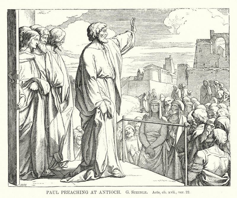 Paulus predigt in Antiochia, Apostelgeschichte, Kapitel xvii, Vers 22 (Gravur) von European School