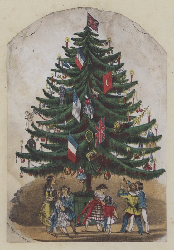 Menschen unter einem Weihnachtsbaum, Grußkarte von European School