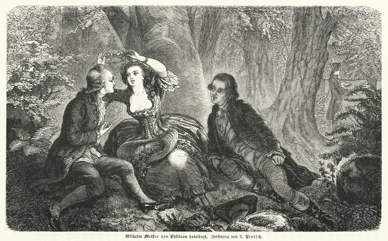 Philinen krönt Wilhelm Meister mit einem Kranz: Szene aus Johann Wolfgang Goethes Roman Wilhelm Meisters Lehrjahre (Stich) von European School