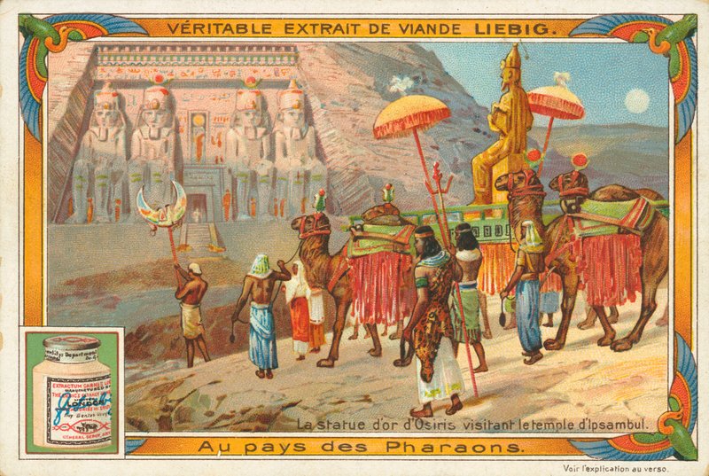 Statue des Osiris besucht den Tempel von Ipsambul, Liebig-Karte, frühes 20. Jahrhundert von European School