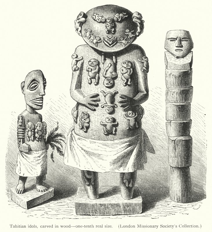Tahitianische Götzen, in Holz geschnitzt von European School