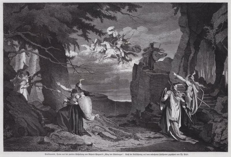 Der Ritt der Walküren, Szene aus Die Walküre, der zweiten Oper von Richard Wagners Der Ring des Nibelungen, aufgeführt im Nationaltheater München von European School