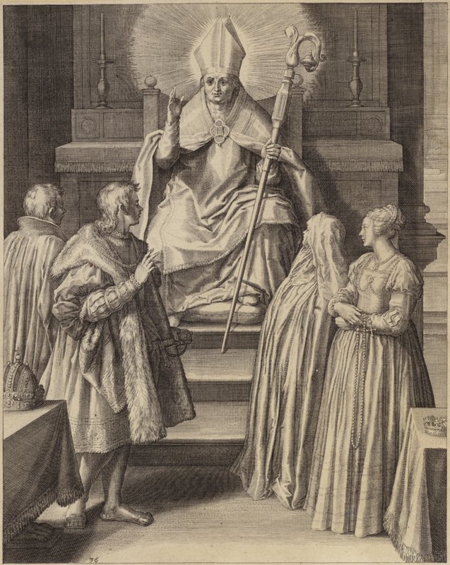 Eine Figur in bischöflichen Gewändern sitzt auf einem Thron mit einem Heiligenschein von Flemish School