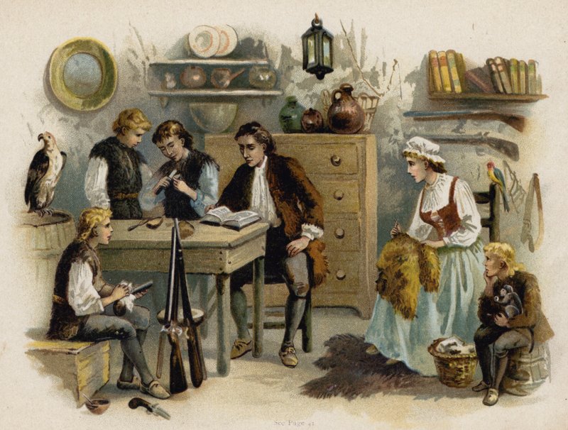 Szene aus Die Schweizer Familie Robinson: Vater liest der Familie im Felsenburg vor von Florence Maplestone
