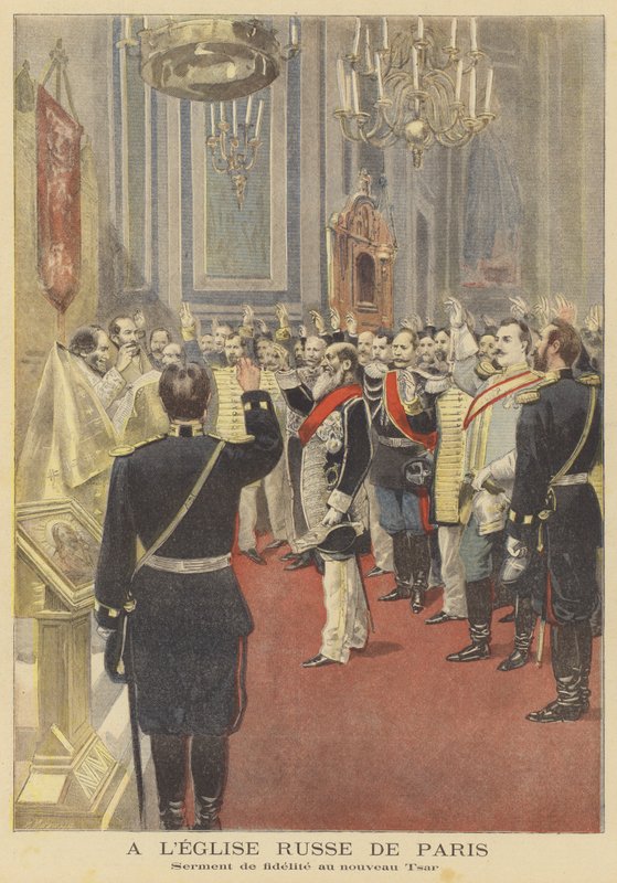 Eid der Treue zum neuen Zaren in der russischen Kirche in Paris von Fortune Louis Meaulle