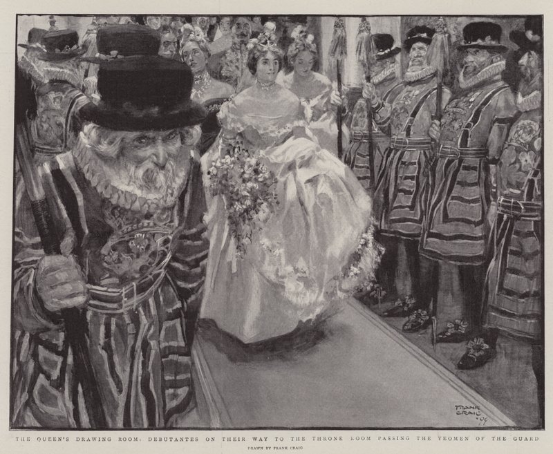 Der Zeichensaal der Königin, Debütantinnen auf dem Weg zum Thronsaal, vorbei an den Yeomen der Garde von Frank Craig