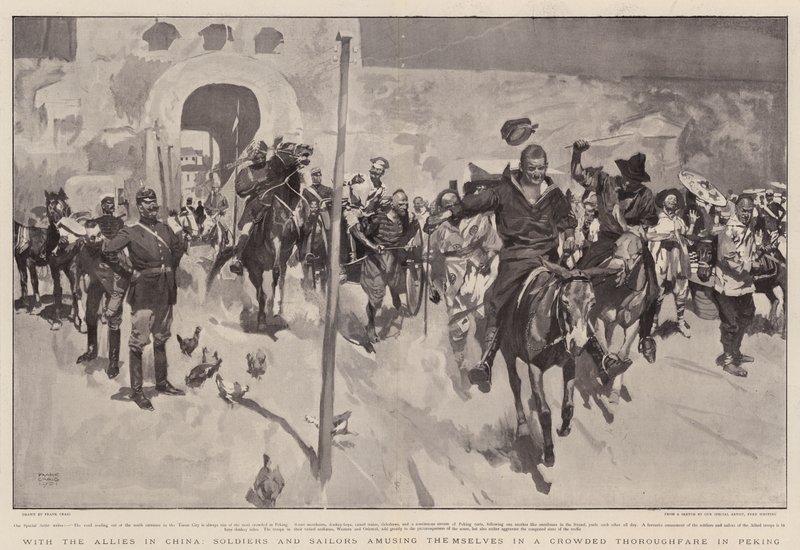 Mit den Alliierten in China, Soldaten und Matrosen amüsieren sich in einer belebten Straße in Peking von Frank Craig