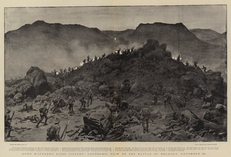 Lord Methuens erster Sieg, Panoramablick auf die Schlacht von Belmont, 28. November von Frank Dadd