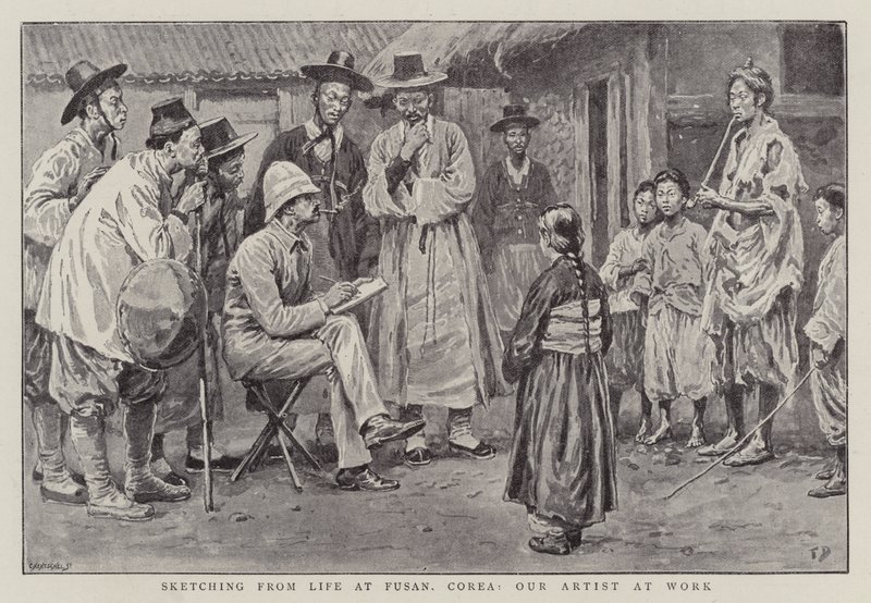 Skizzieren aus dem Leben in Fusan, Korea, unser Künstler bei der Arbeit von Frank Dadd