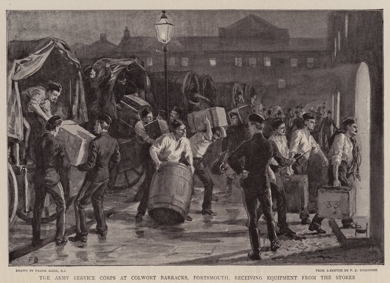 Das Heeresdienstkorps in den Colwort-Kasernen, Portsmouth, erhält Ausrüstung aus den Lagern von Frank Dadd