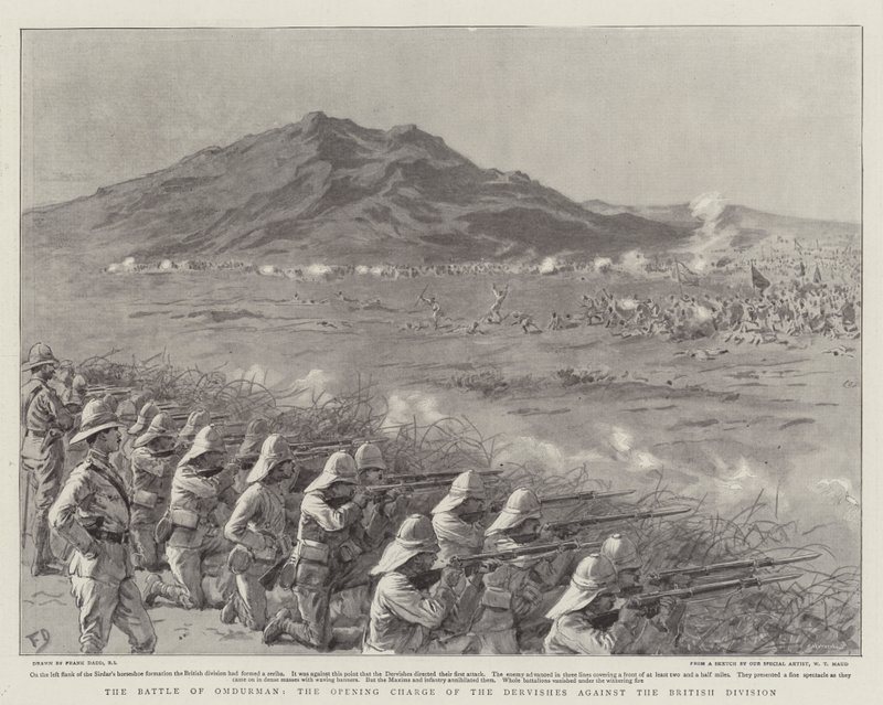 Die Schlacht von Omdurman, der Eröffnungsangriff der Derwische gegen die britische Division von Frank Dadd
