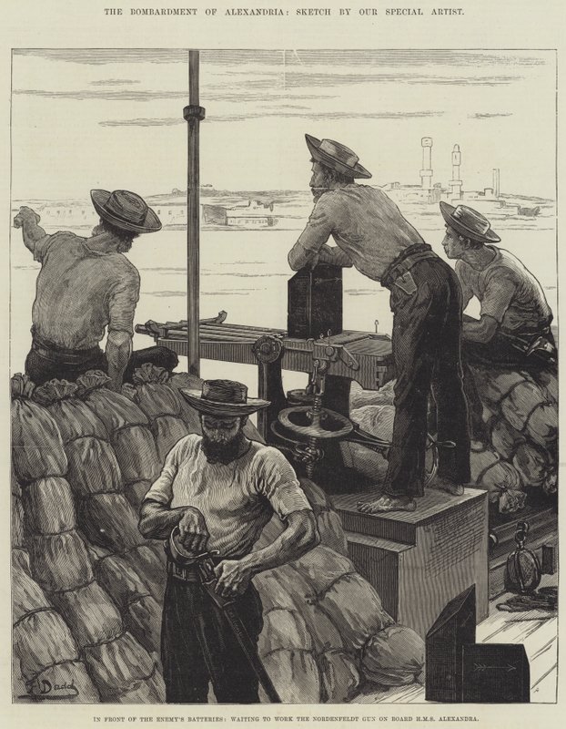 Die Bombardierung von Alexandria, vor den feindlichen Batterien, warten auf den Einsatz der Nordenfeldt-Kanone an Bord der HMS Alexandra von Frank Dadd