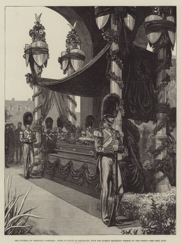 Die Beerdigung von Präsident Garfield, Aufbahrung in Cleveland, mit dem Trauerkranz der Königin auf dem Sarg von Frank Dadd