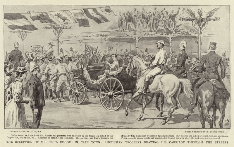 Der Empfang von Mr. Cecil Rhodes in Kapstadt, Rhodesische Truppen ziehen seine Kutsche durch die Straßen von Frank Dadd