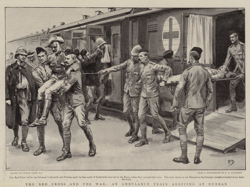 Das Rote Kreuz und der Krieg, ein Krankenwagenzug kommt in Durban an von Frank Dadd