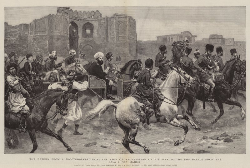 Die Rückkehr von einer Jagdexpedition, der Amir von Afghanistan auf dem Weg zum Erg-Palast vom Bala Hirsa-Sumpf von Frank Dadd