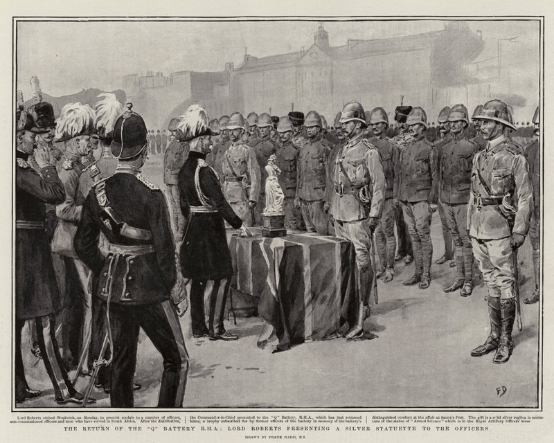 Die Rückkehr der Q-Batterie RHA, Lord Roberts überreicht eine Silberstatuette an die Offiziere von Frank Dadd