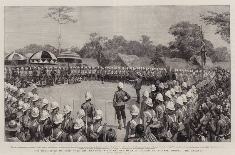 Die Unterwerfung von König Prempeh, Gesamtansicht des Paradeplatzes in Kumassi während des Palavers von Frank Dadd