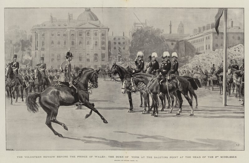 Die Freiwilligenparade vor dem Prinzen von Wales, der Herzog von York am Salutpunkt an der Spitze des 3. Middlesex von Frank Dadd