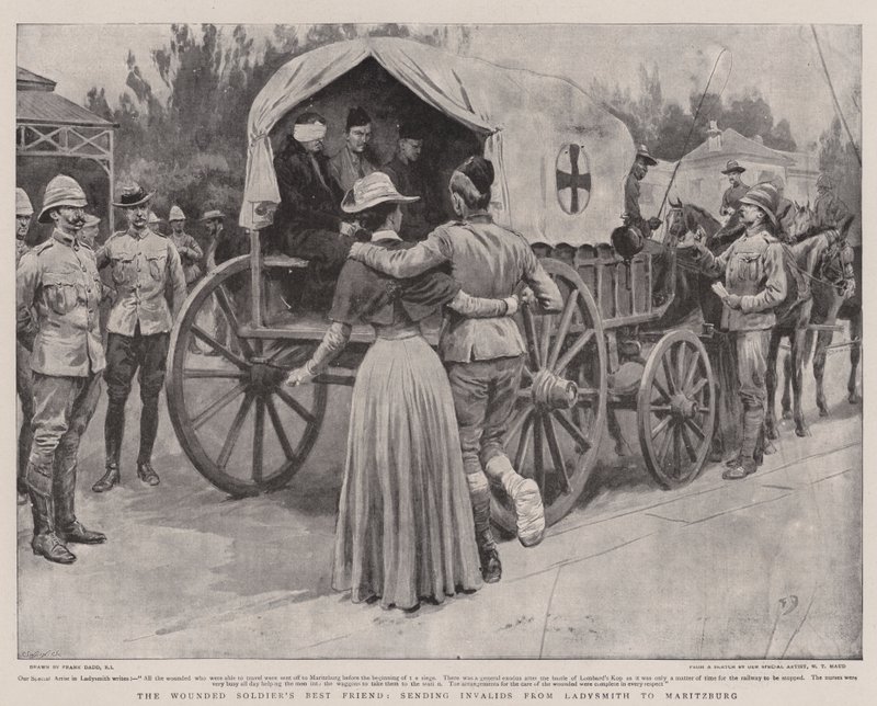 Der beste Freund des verwundeten Soldaten, Invaliden von Ladysmith nach Maritzburg sendend von Frank Dadd