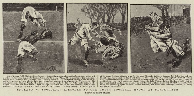 England gegen Schottland, Skizzen beim Rugby-Fußballspiel in Blackheath von Frank Gillett