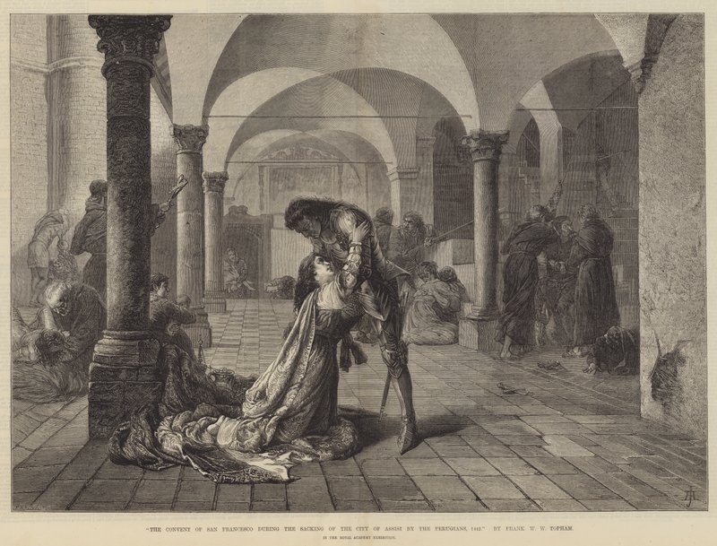 Das Kloster San Francesco während der Plünderung der Stadt Assisi durch die Perugianer, 1442 von Frank William Warwick Topham