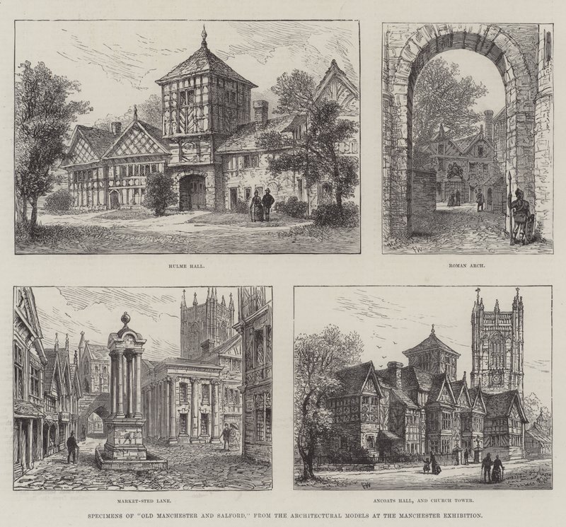 Exemplare des alten Manchester und Salford, von den architektonischen Modellen der Manchester Ausstellung von Frank Watkins
