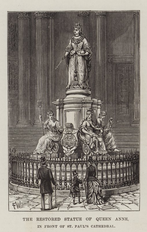 Die restaurierte Statue von Königin Anne vor der St. Paul