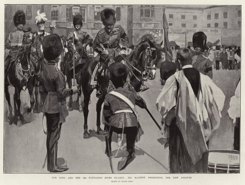 Der König und das 3. Bataillon der Scots Guards, Seine Majestät überreicht die neuen Farben von Frank Craig