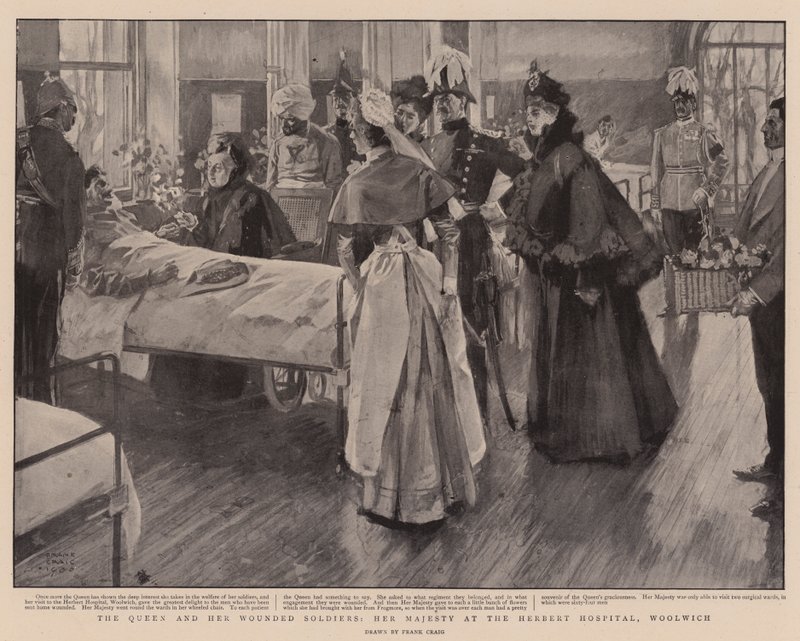 Die Königin und ihre verwundeten Soldaten, Ihre Majestät im Herbert Hospital, Woolwich von Frank Craig