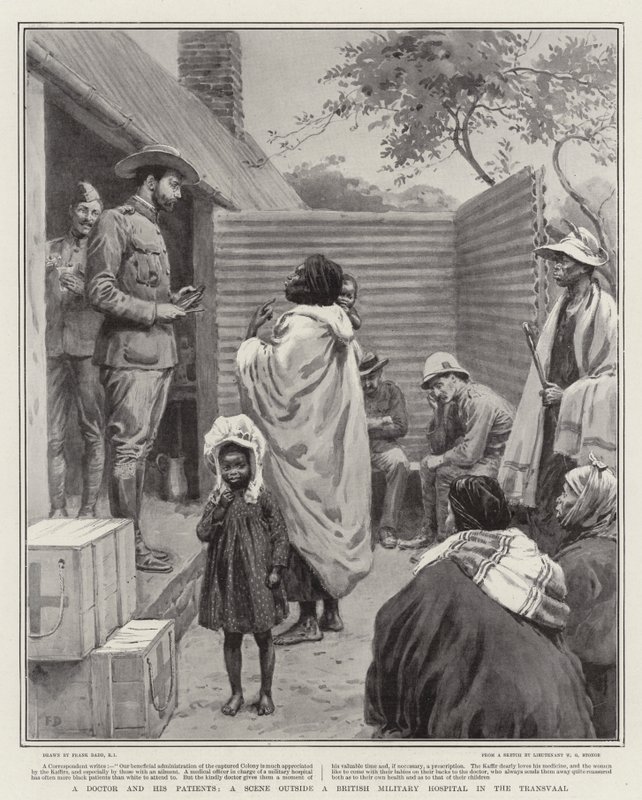 Ein Arzt und seine Patienten, eine Szene vor einem britischen Militärkrankenhaus im Transvaal von Frank Dadd