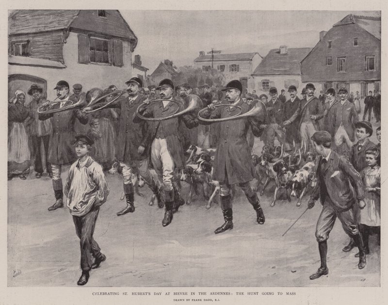 Feier des St. Hubertus-Tages in Bievre in den Ardennen, die Jagd geht zur Messe von Frank Dadd