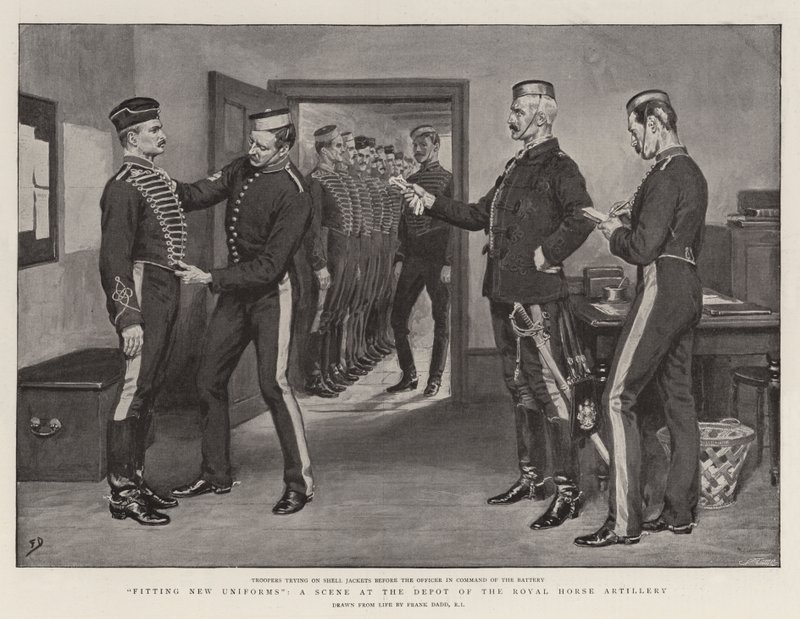 Anpassen neuer Uniformen, eine Szene im Depot der Royal Horse Artillery von Frank Dadd