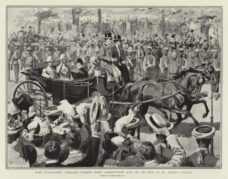 Lord Kitcheners Kutsche fährt den Constitution Hill hinunter auf dem Weg zum St. James