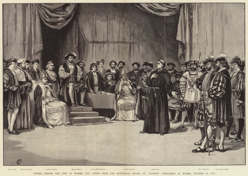 Luther vor dem Reichstag zu Worms, 1521, Szene aus dem historischen Drama von Luther, aufgeführt in Worms, 30. Oktober 1883 von Frank Dadd