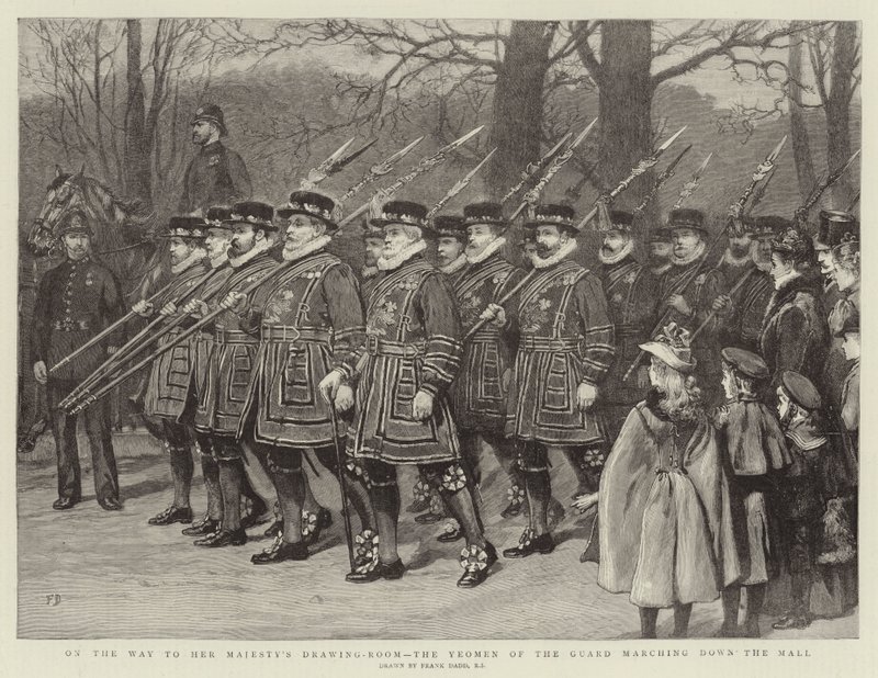 Auf dem Weg zum Empfang Ihrer Majestät, die Yeomen der Garde marschieren die Mall hinunter von Frank Dadd