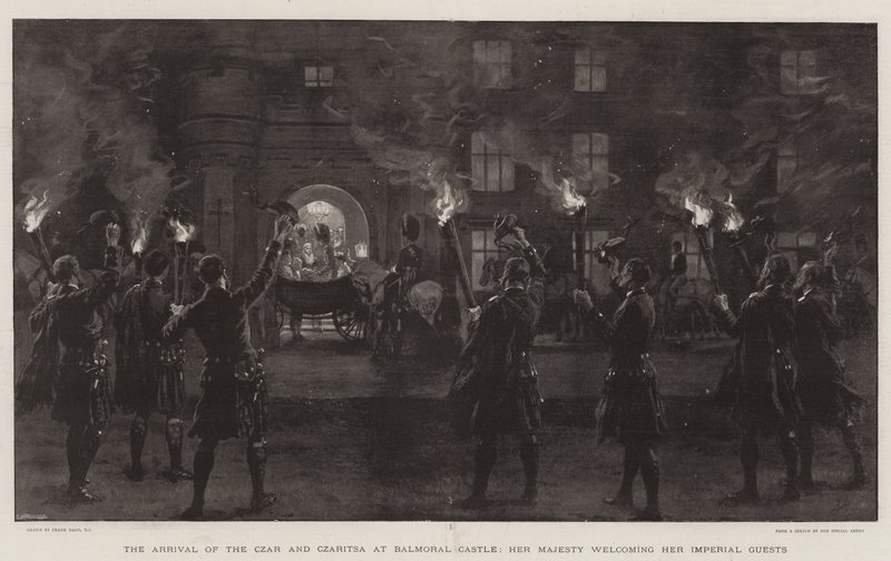 Die Ankunft des Zaren und der Zarin im Balmoral Castle, Ihre Majestät begrüßt ihre kaiserlichen Gäste von Frank Dadd