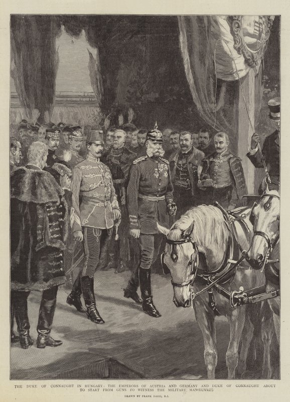 Der Herzog von Connaught in Ungarn, die Kaiser von Österreich und Deutschland und der Herzog von Connaught kurz vor dem Start von Guns, um die Militärmanöver zu beobachten von Frank Dadd