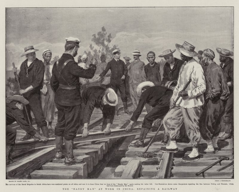 Der Handwerker bei der Arbeit in China, Reparatur einer Eisenbahn von Frank Dadd